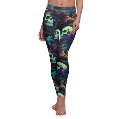 Womens Skinny Casual Leggings All Over Print Hawaiian Tropical Floral Surf Skull